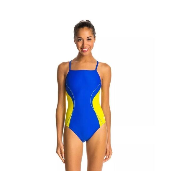 Speedo One Piece Swimsuit 12 Blue Yellow Gold Sporty PowerFlex Eco Splice Back - Picture 1 of 16